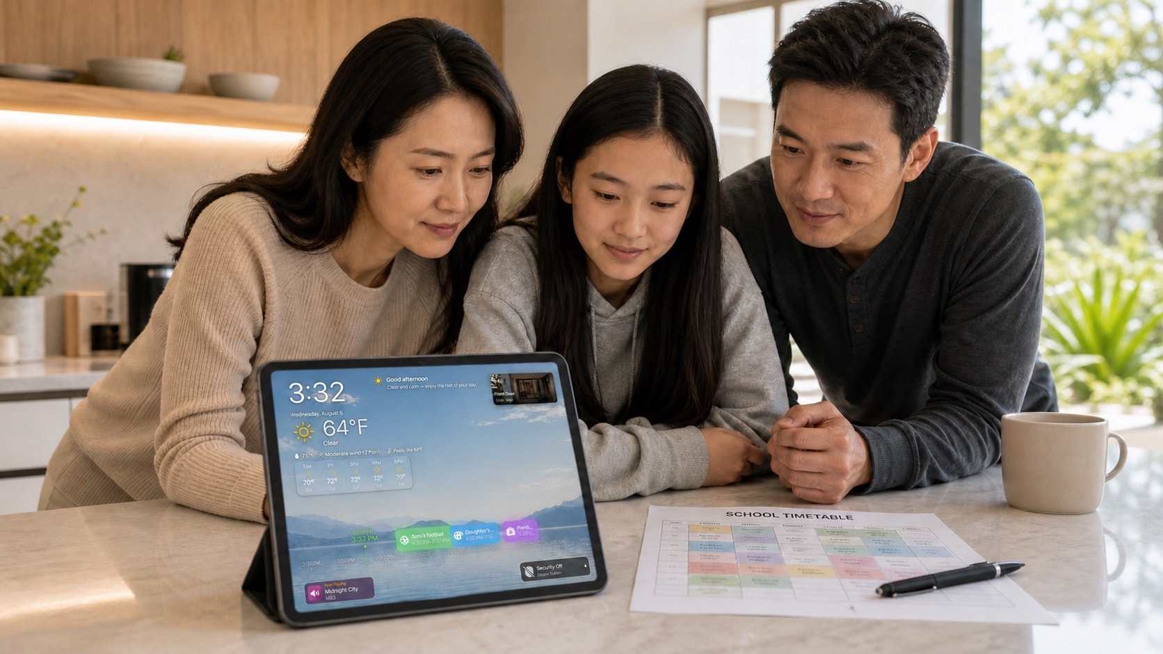 A mother and daughter checking their family calendar on a wall-mounted iPad in a sunny kitchen