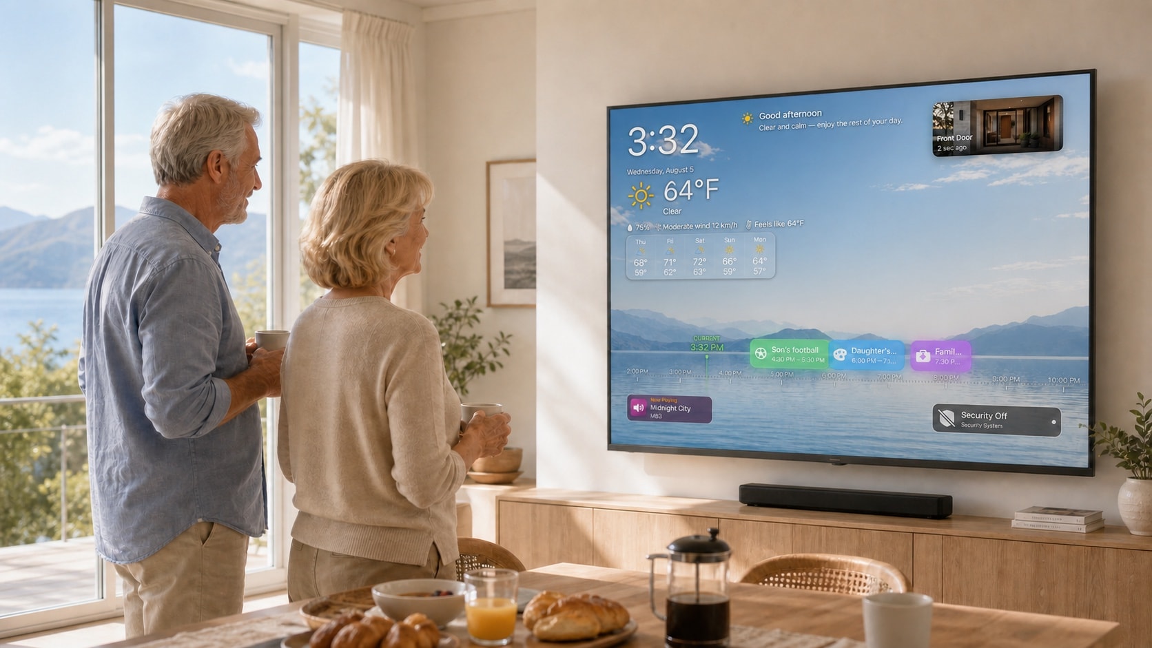 HomeDeck Ambient mode with time, weather forecast, and home security status