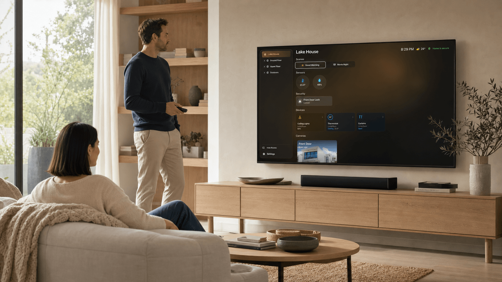 HomeDeck dashboard displayed on a television in a bright living room with two people