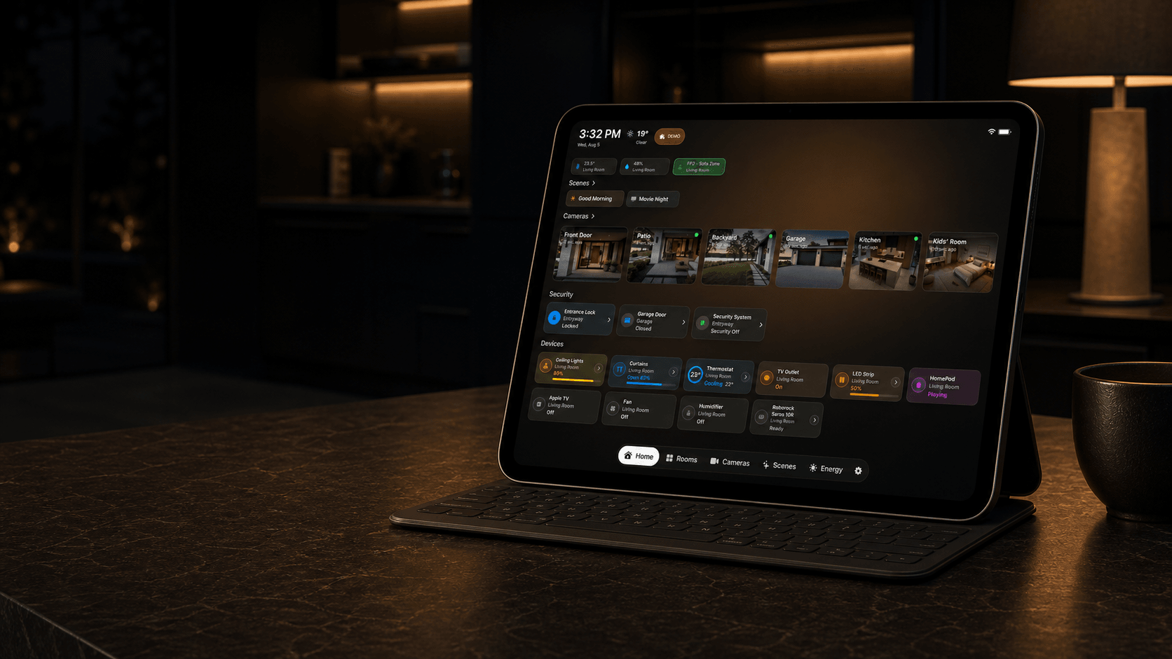 HomeDeck dashboard with cameras, scenes, security, and smart home controls on iPad