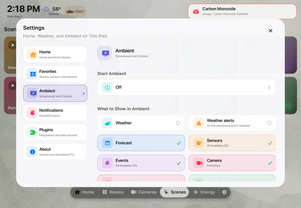 HomeDeck ambient mode settings on iPad
