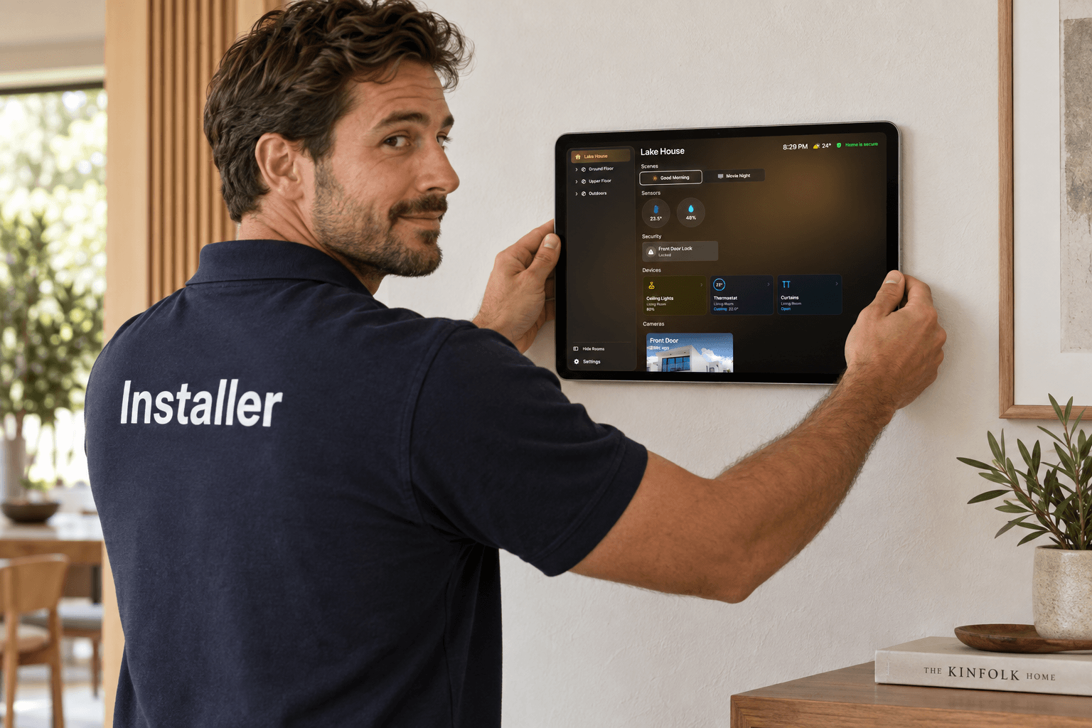 Installer mounting a tablet showing the HomeDeck dashboard on a wall