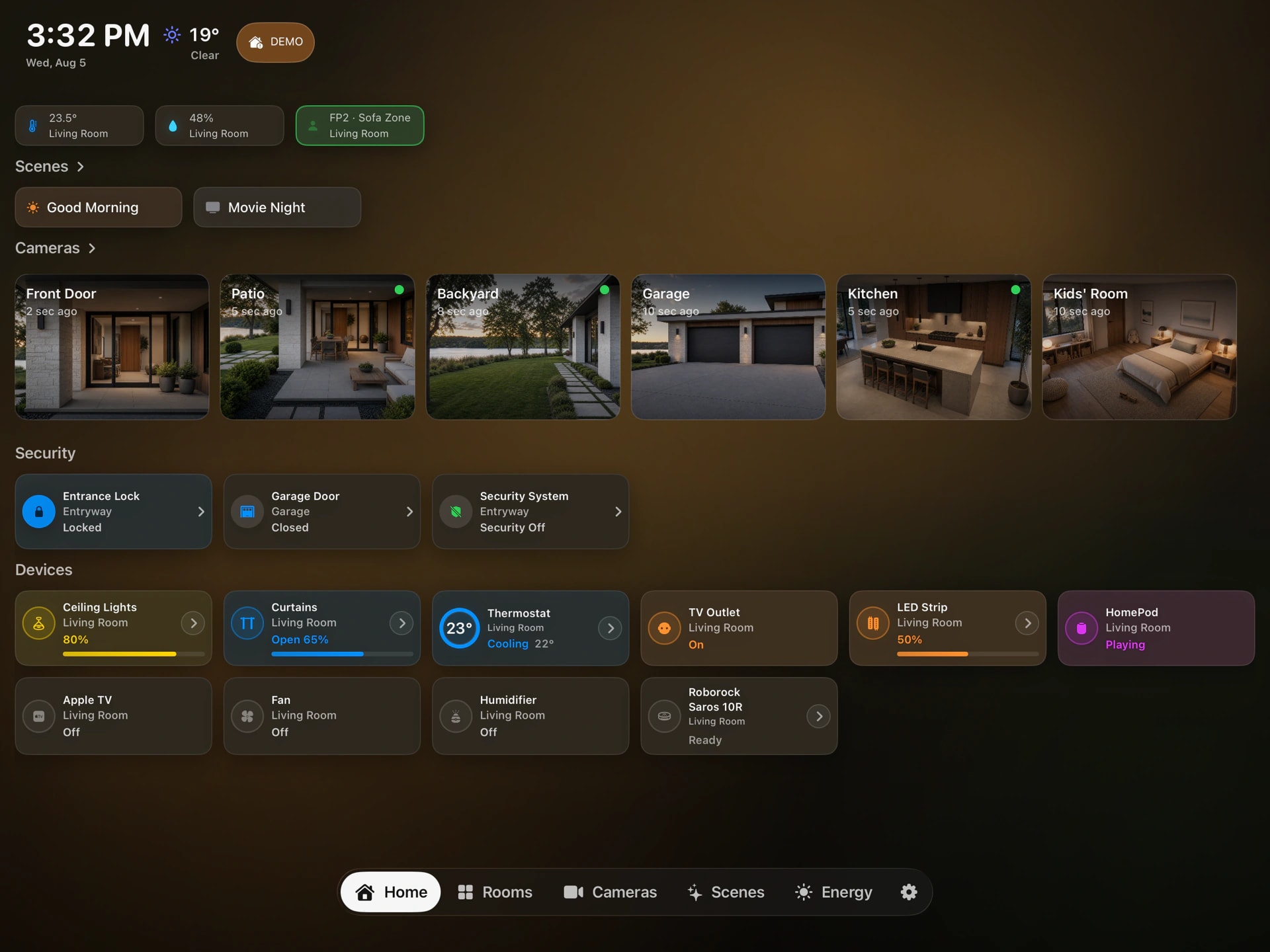HomeDeck HomeKit dashboard showing rooms and controls on iPad