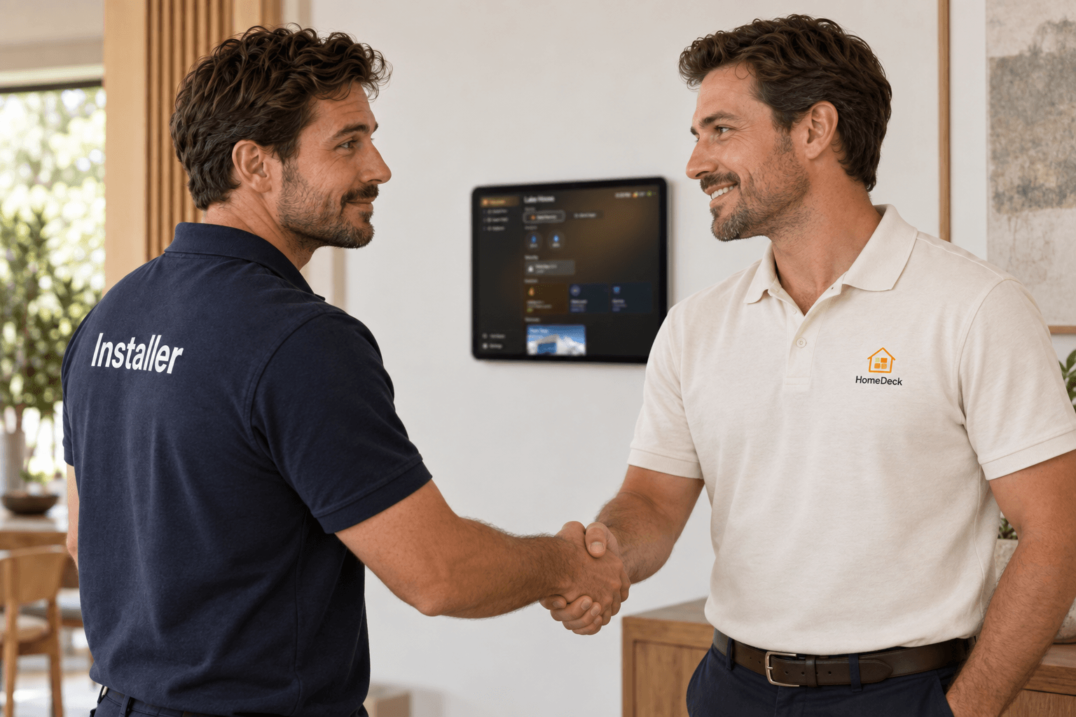 The installer shaking hands with a HomeDeck representative in a light polo shirt
