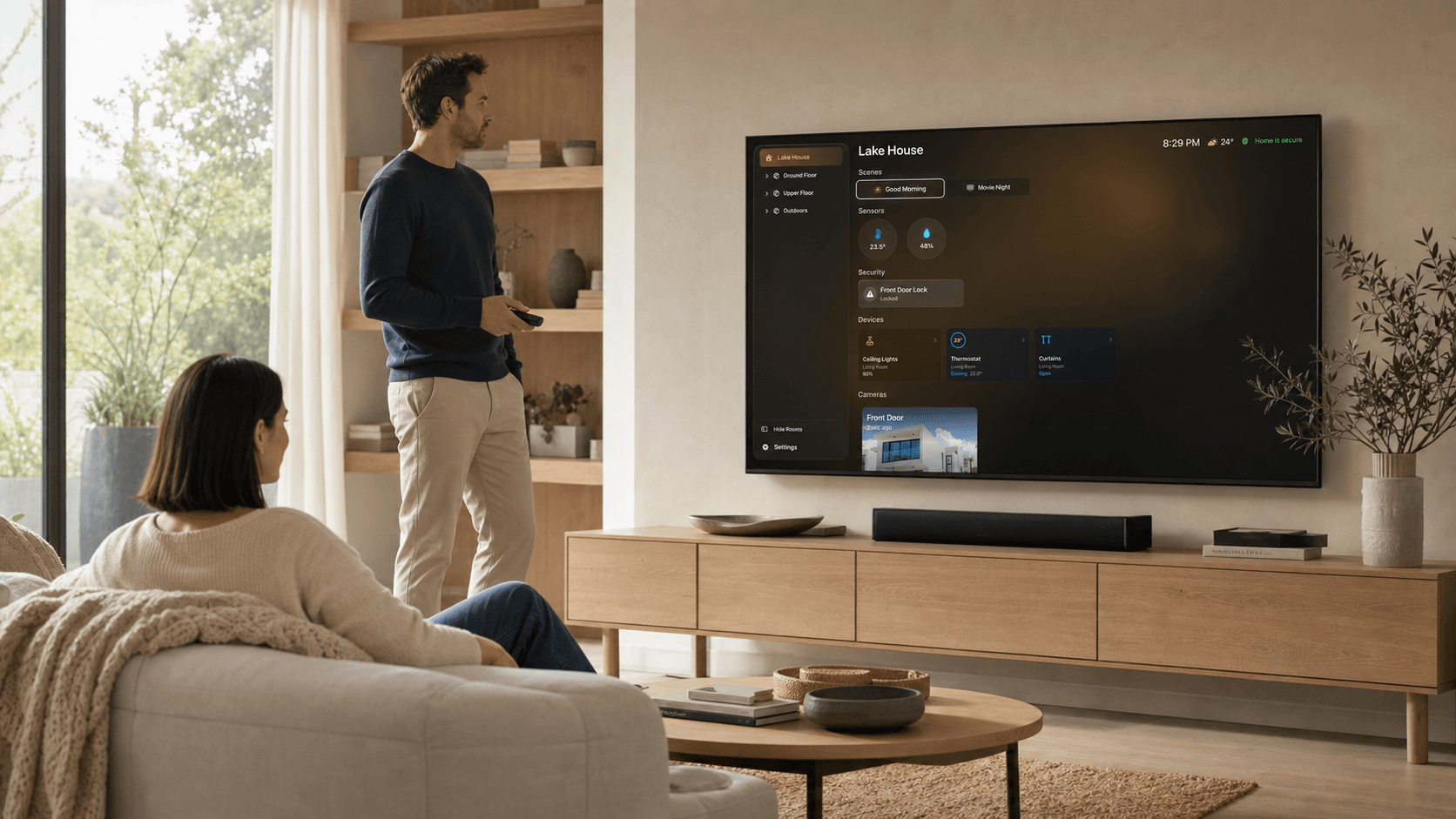 HomeDeck dashboard displayed on a television in a bright living room with two people