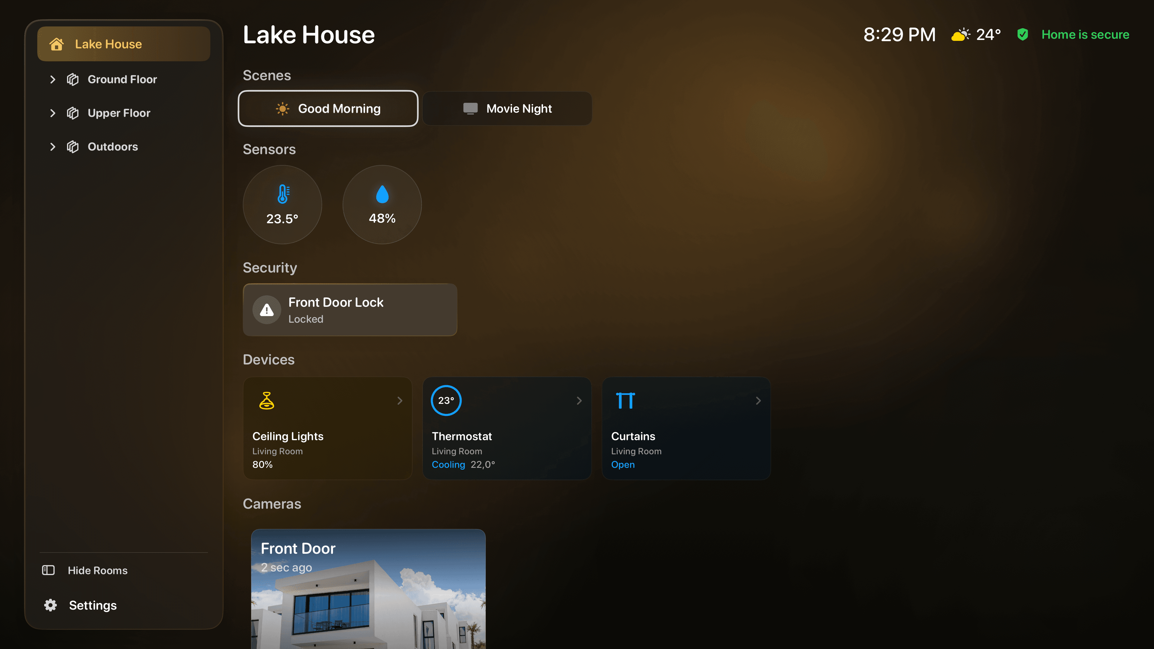 HomeDeck dashboard with favorite scenes, sensors, security, devices, and a camera