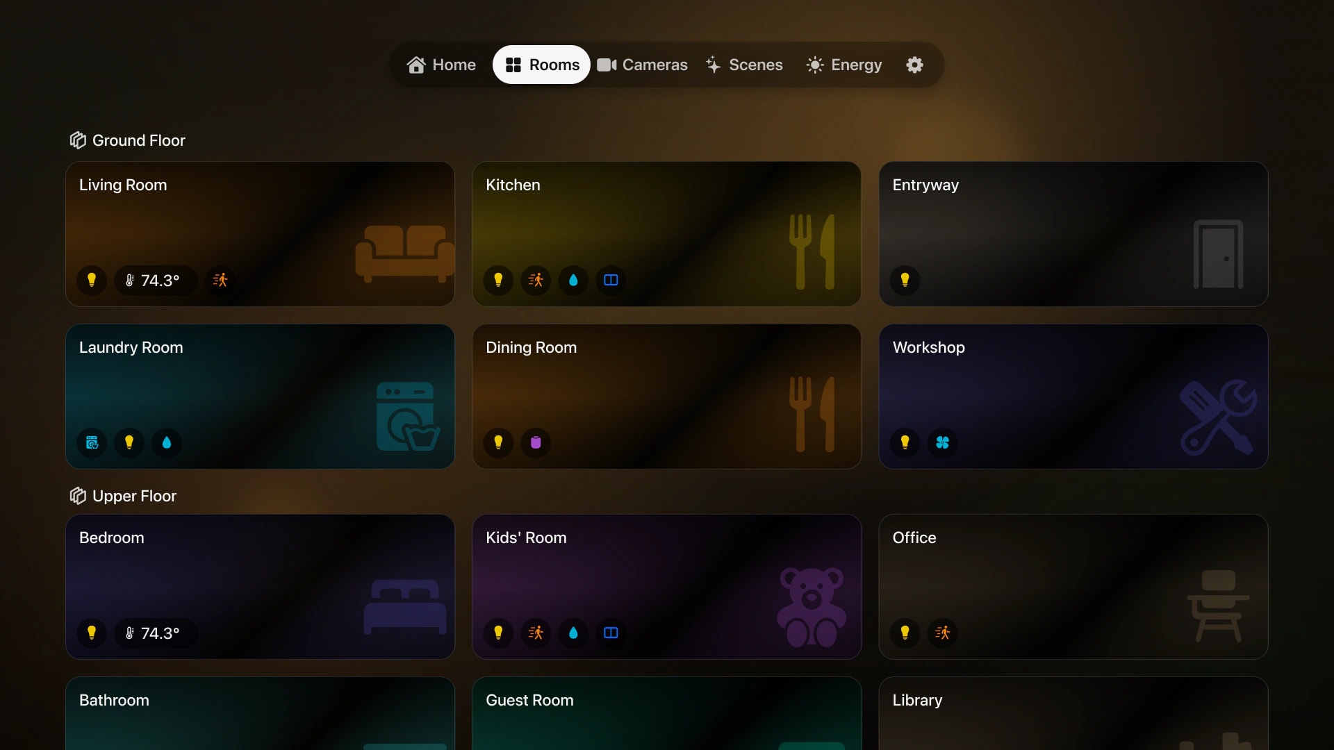 HomeDeck rooms dashboard designed for Apple TV