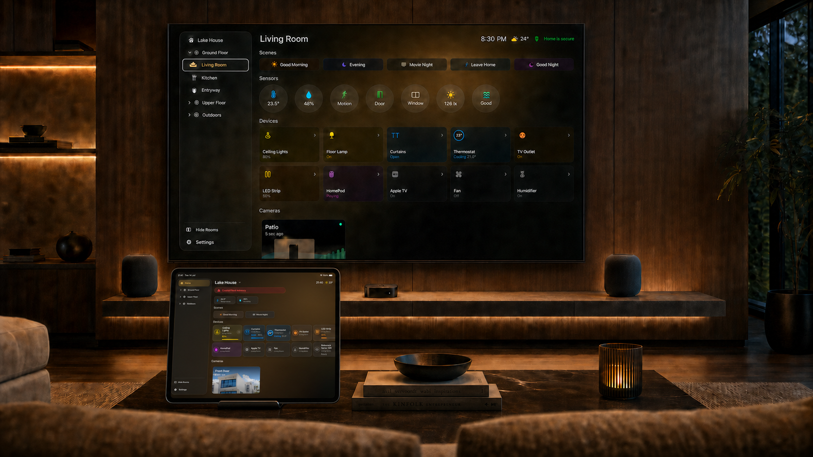 HomeDeck displayed on Apple TV and iPad in a warm living room